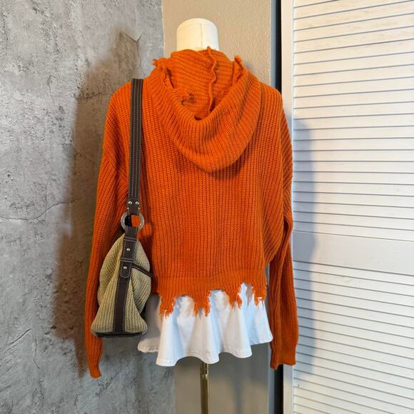 Orange Distressed Cream Knit Zip Up Hoodie - Picture 6 of 7